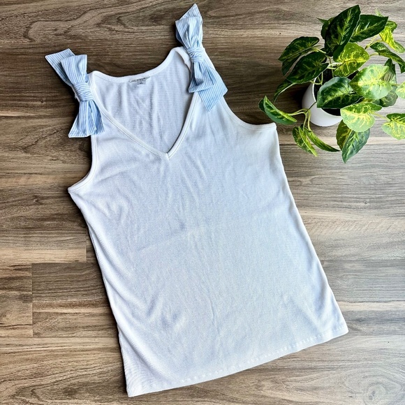 Crown & ivy White Ribbed Tank Top with Blue Bow-Tie Straps at Shoulders Size L - Picture 10 of 11